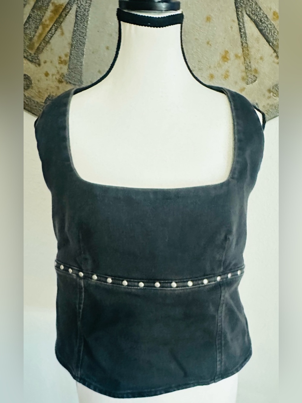 Black Studded Square-Neck Halter Top